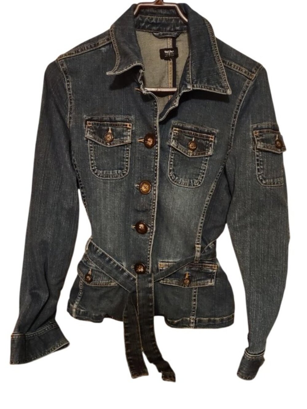 Mossimo Stretch Blue Denim Jacket Belted Utilitarian 8